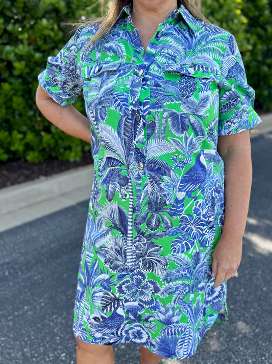Vilagallo Blue and Green Leaf Print Shirt Dress
