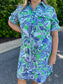 Vilagallo Blue and Green Leaf Print Shirt Dress