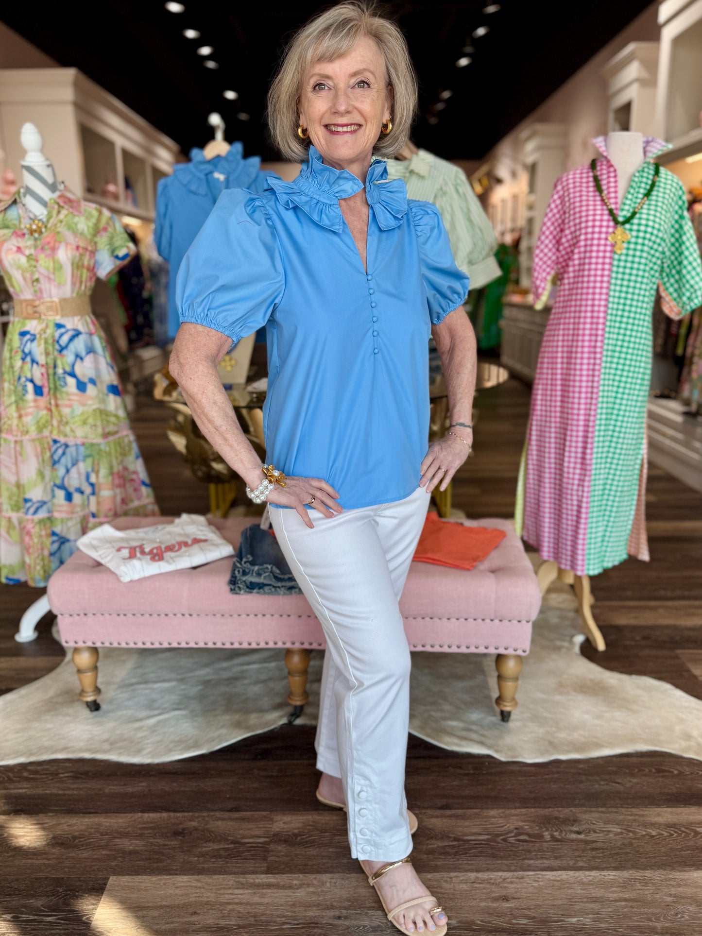 Puff Sleeve Half Button Top Blue