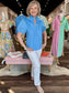 Puff Sleeve Half Button Top Blue