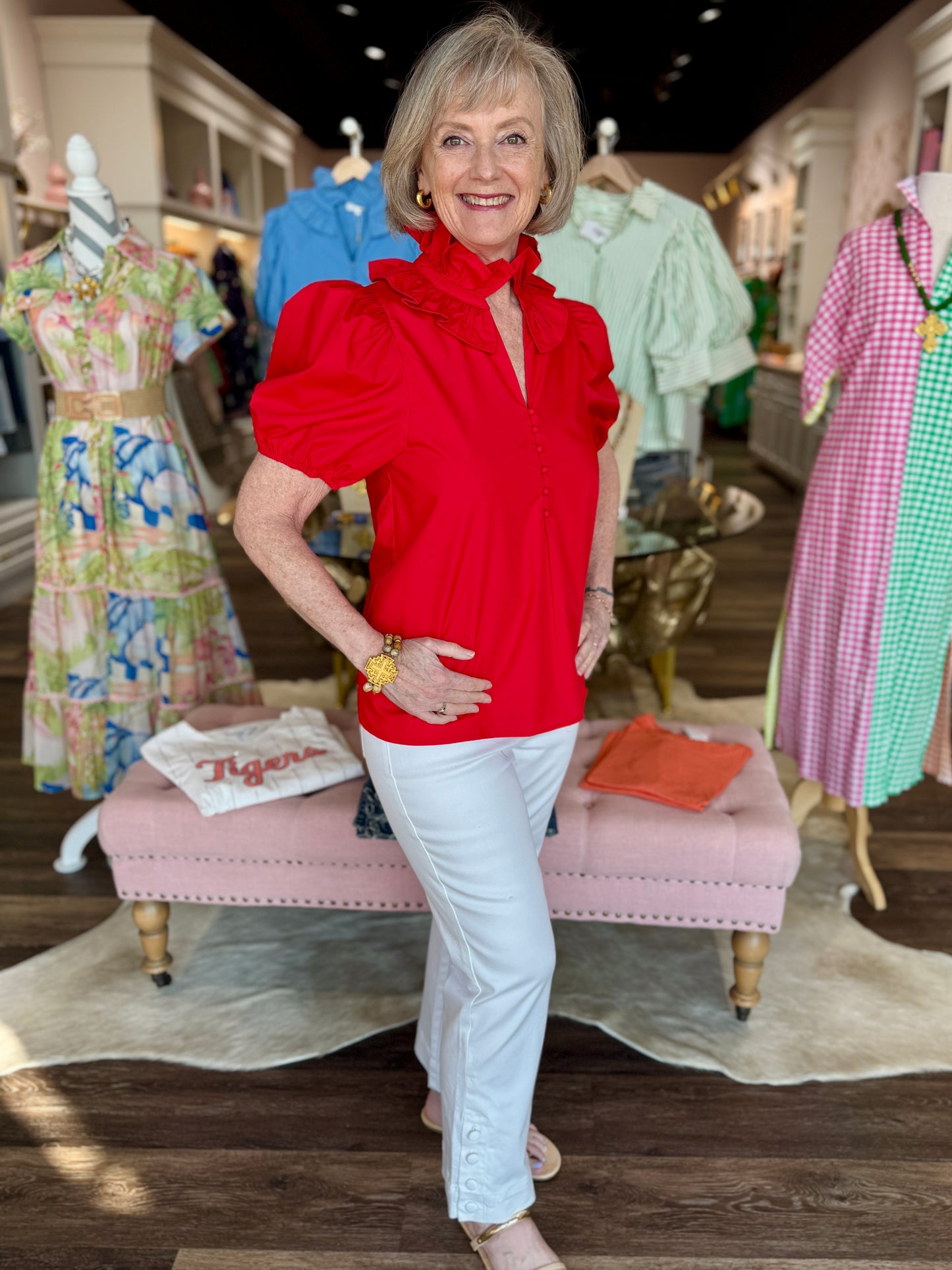 Puff Sleeve Half Button Top Red