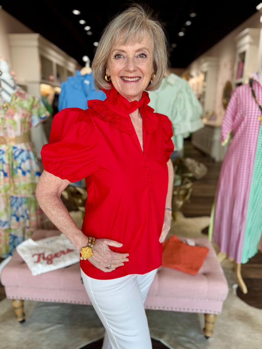 Puff Sleeve Half Button Top Red