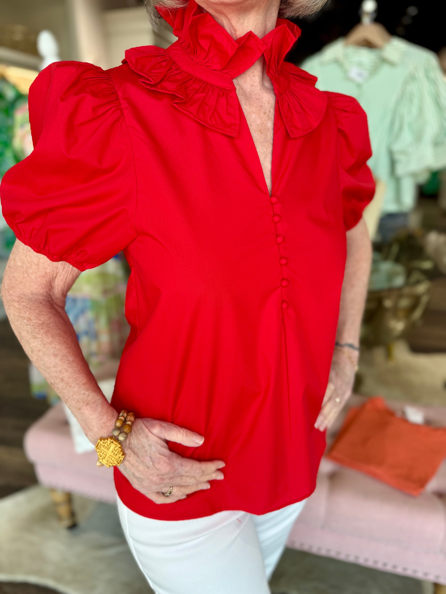 Puff Sleeve Half Button Top Red