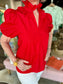 Puff Sleeve Half Button Top Red