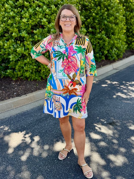 Vilagallo Multicolored Palm Tree Print Shirt Dress