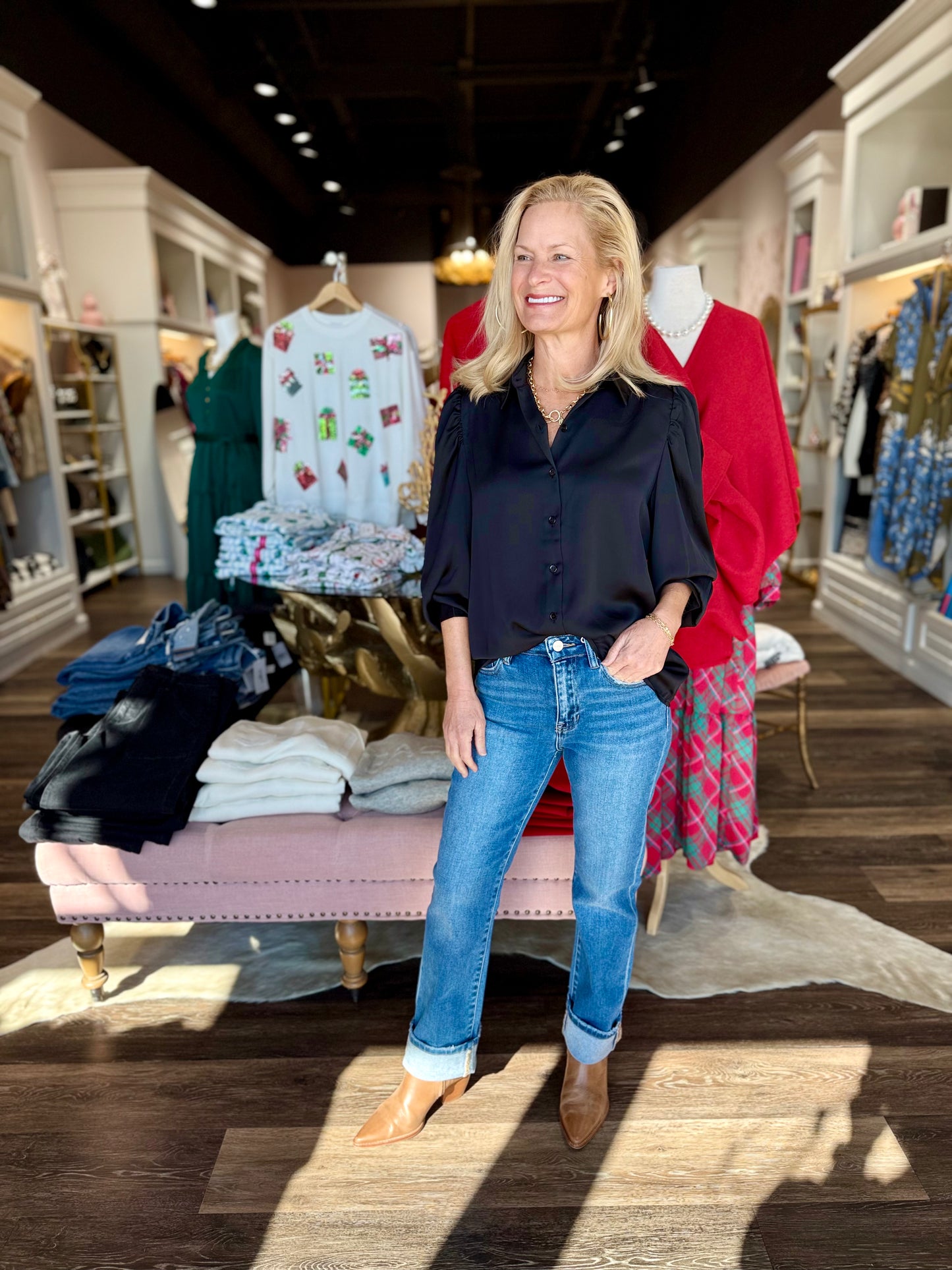 Long Sleeve Recycled Poly Button-Down Puff Shoulder Blouse Black