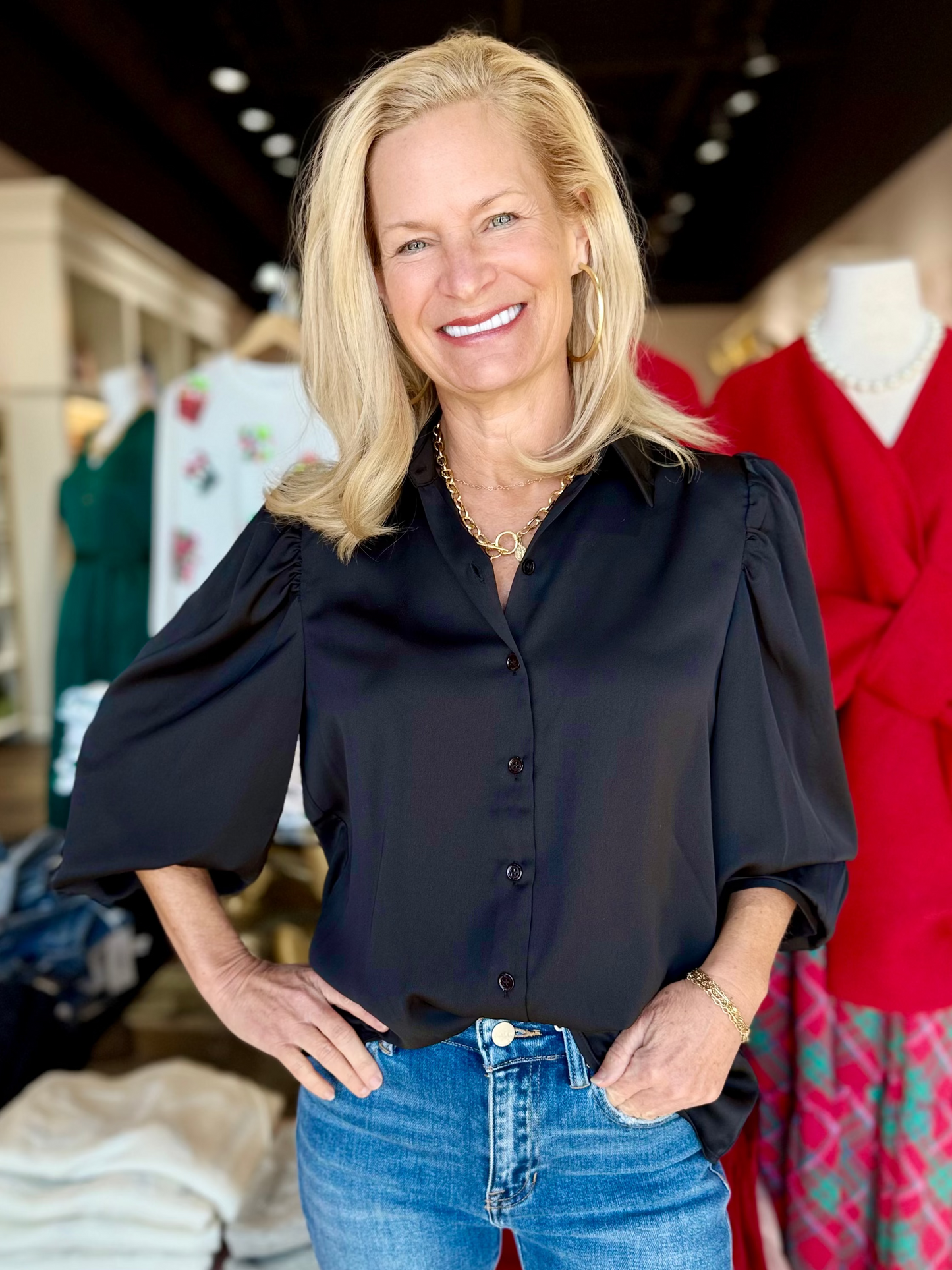 Long Sleeve Recycled Poly Button-Down Puff Shoulder Blouse Black