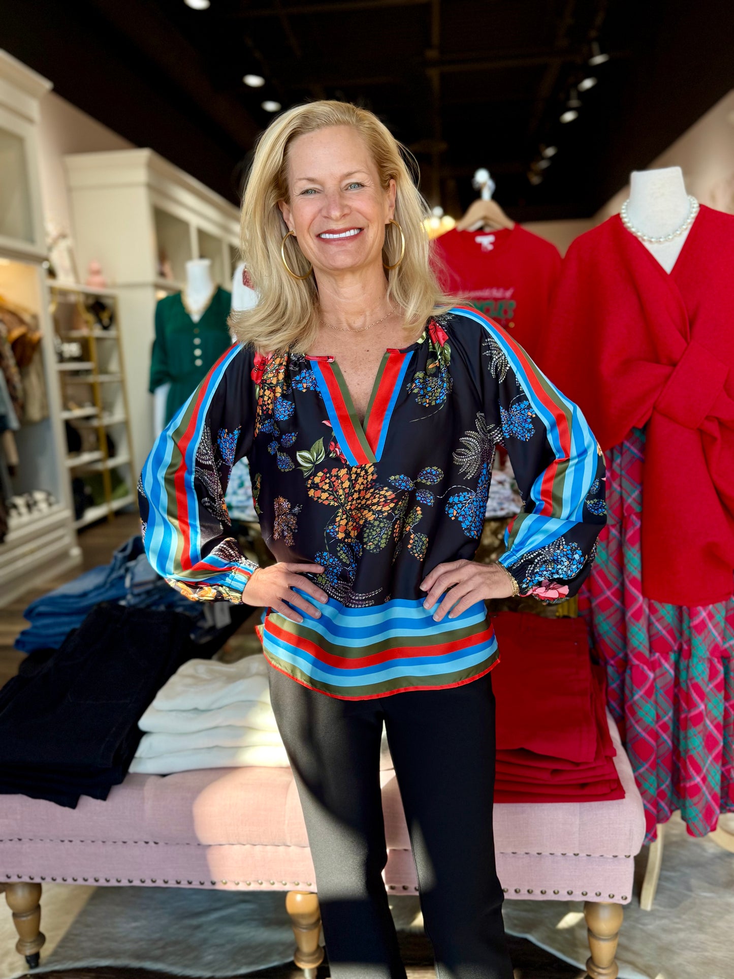 Jade Band Collar Peasant Top Geo Border