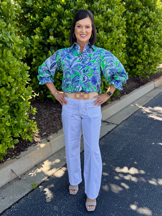 Vilagallo Blue Green Tropical Print Shirt