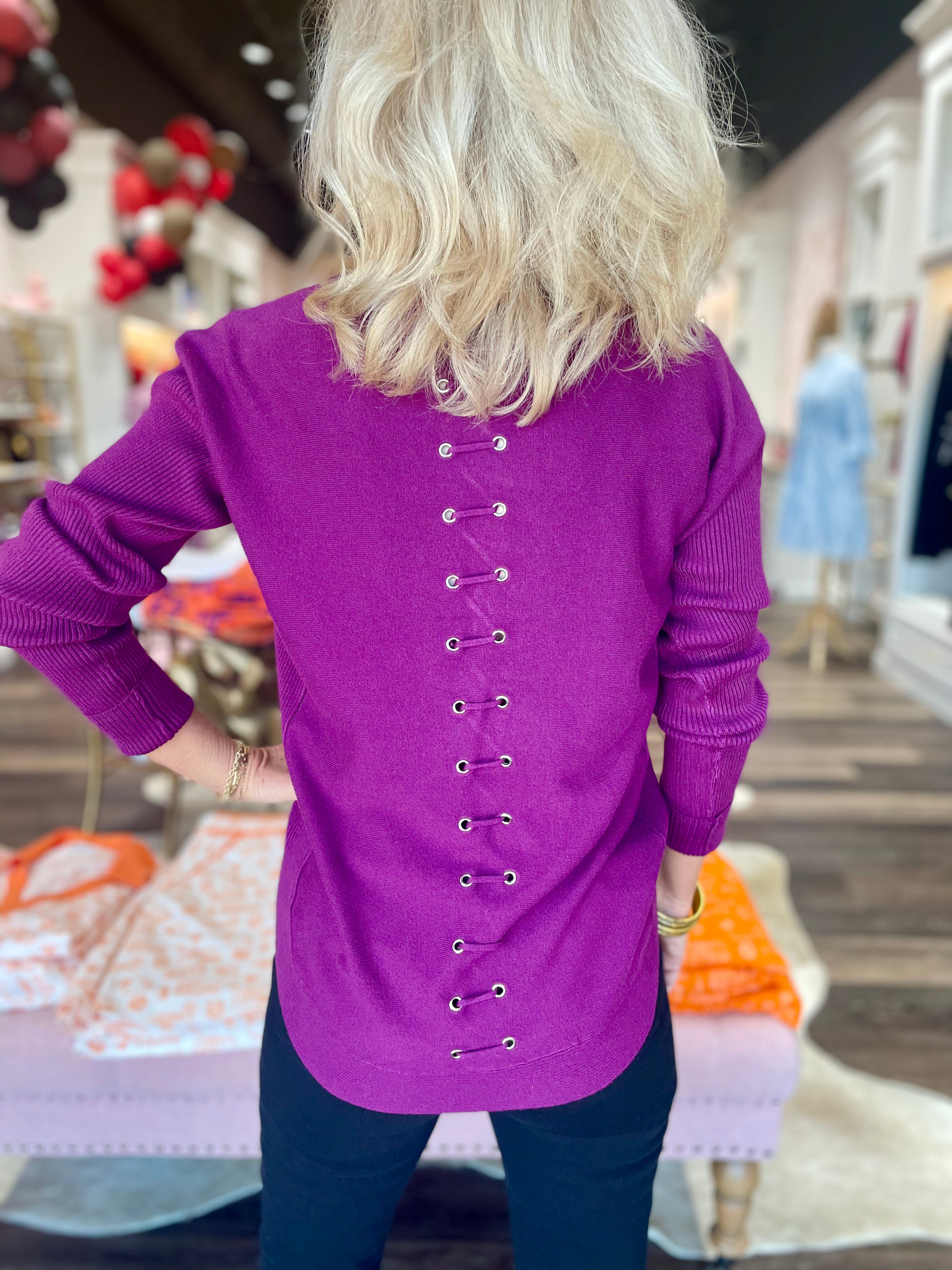 Long Sleeve Sweater with Back Eyelet Detail - Mulberry