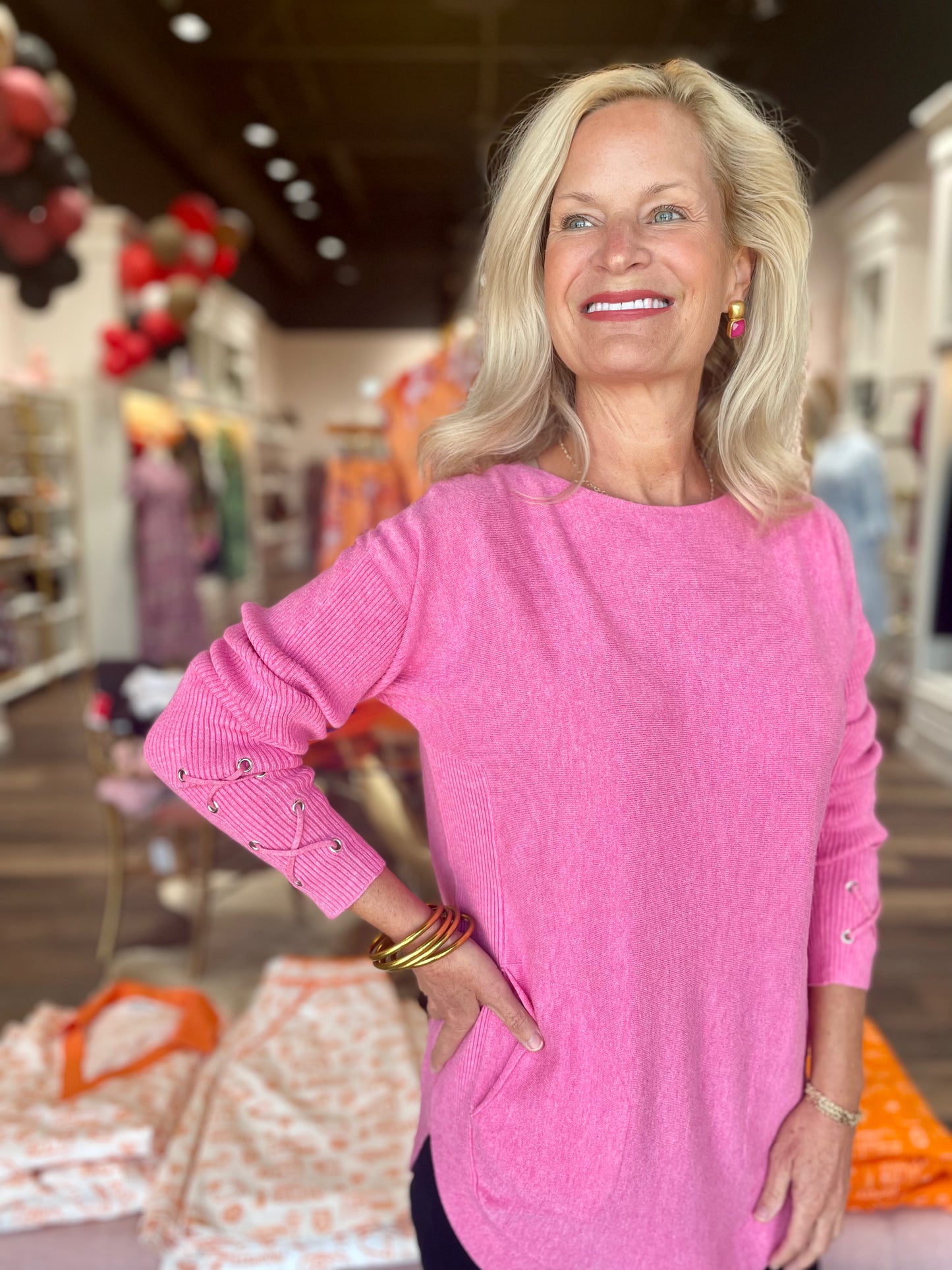Sweater with Sleeve Lace Detail- Pink