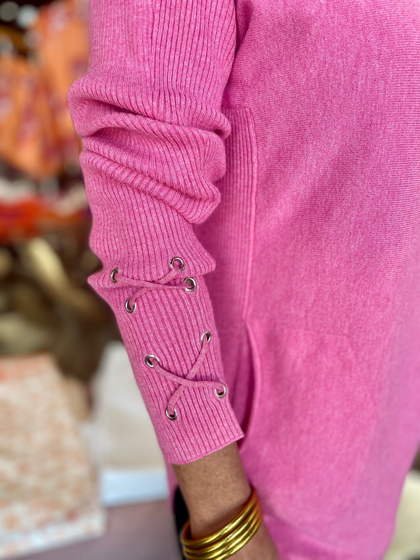 Sweater with Sleeve Lace Detail- Pink