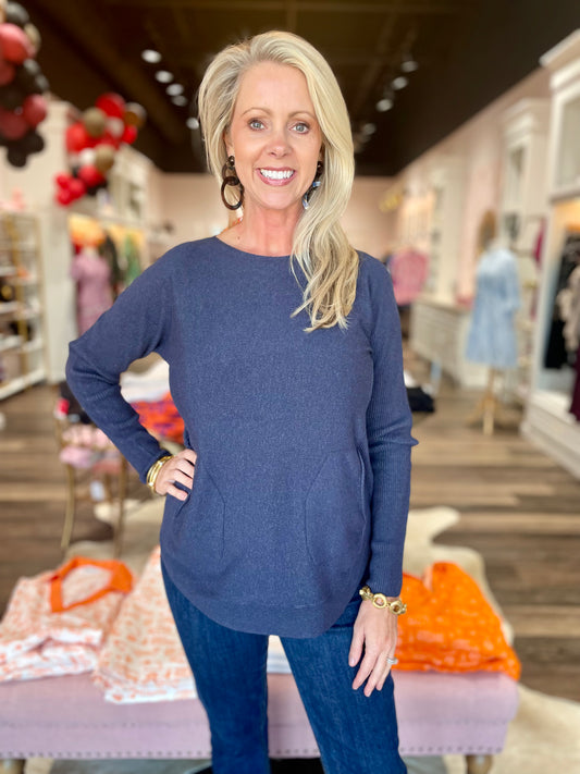 Long Sleeve Sweater with Back Eyelet Detail - Navy