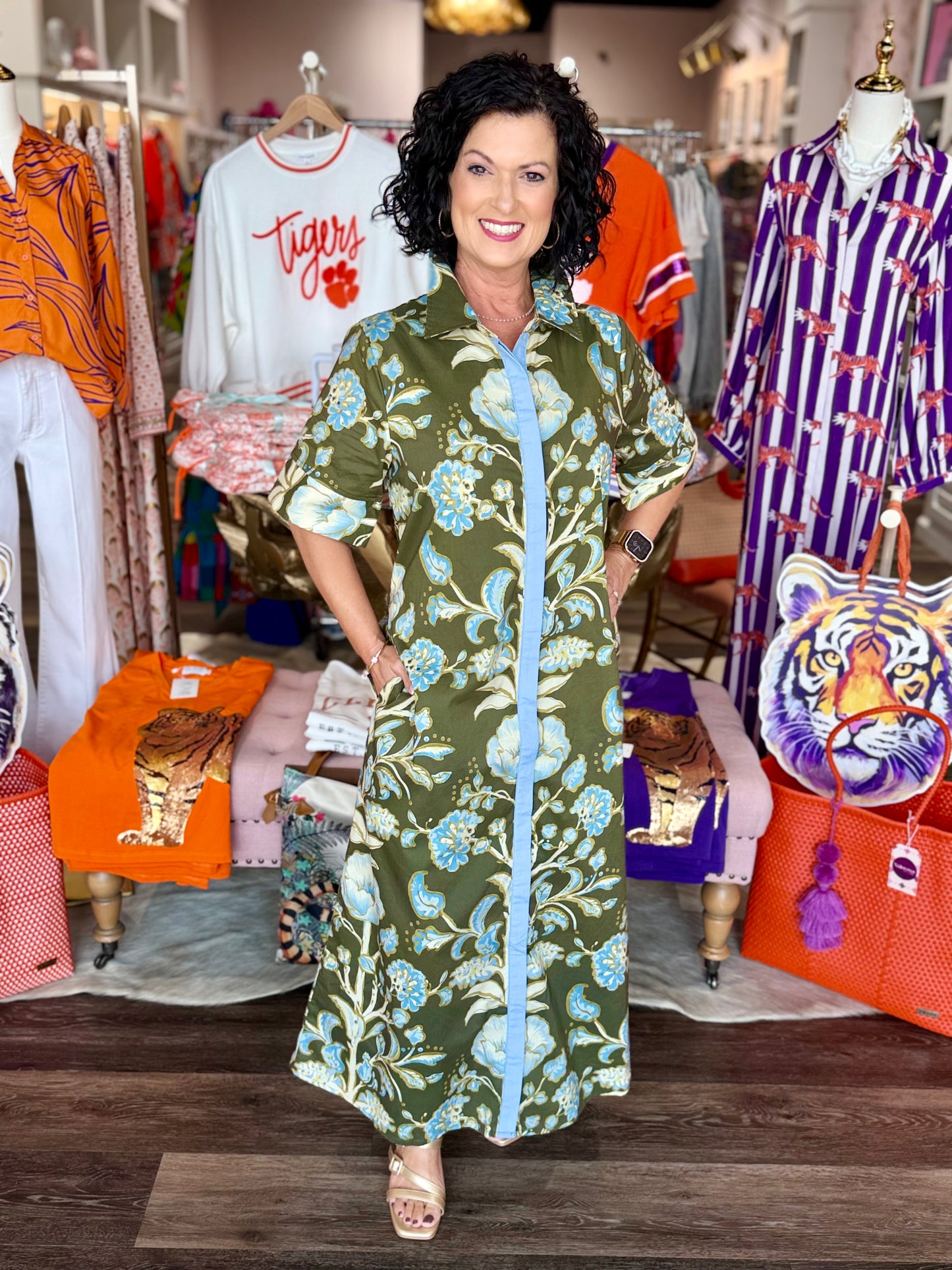 Entro Floral Midi Dress Olive