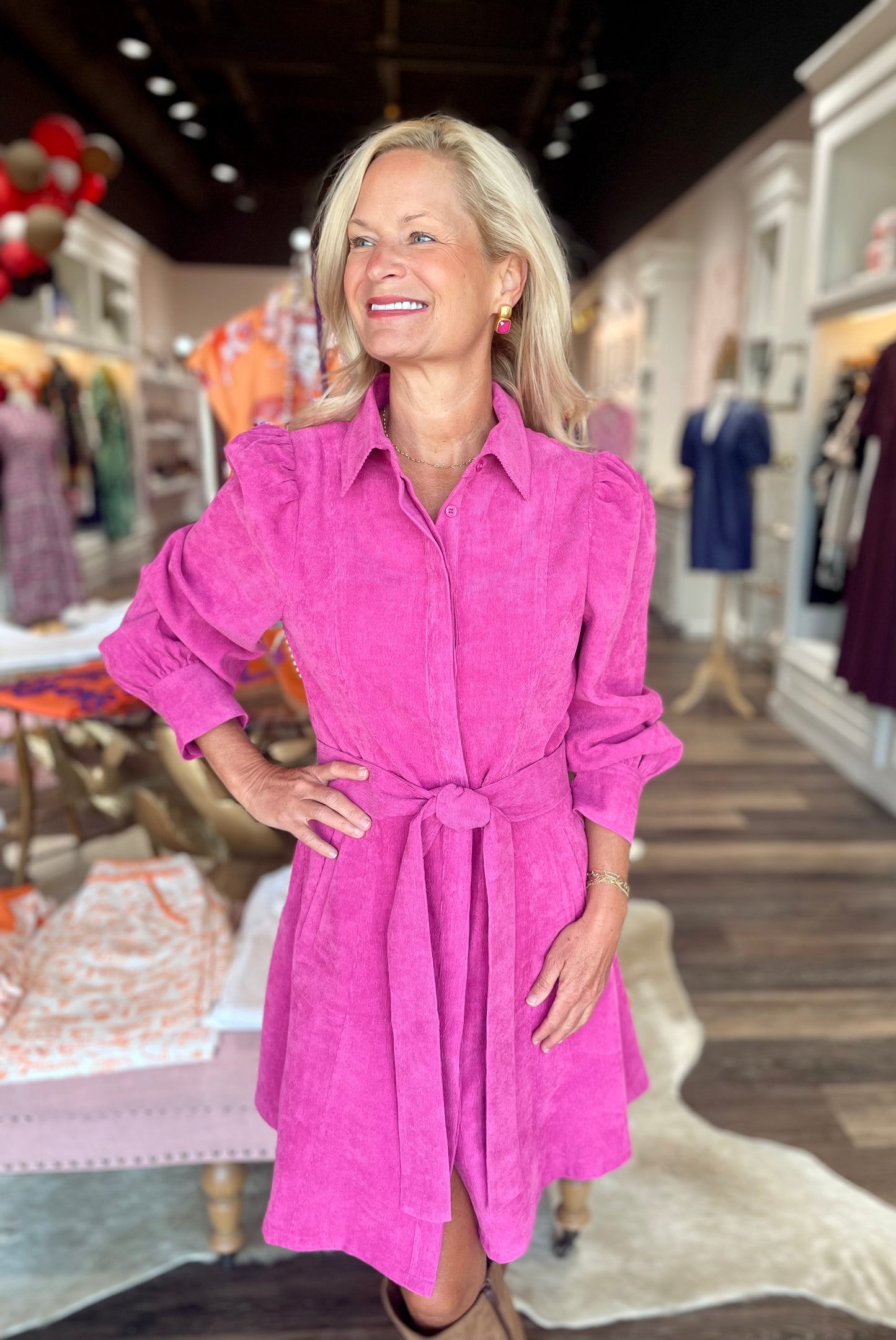 Jade Corduroy Button Up Dress Cerise