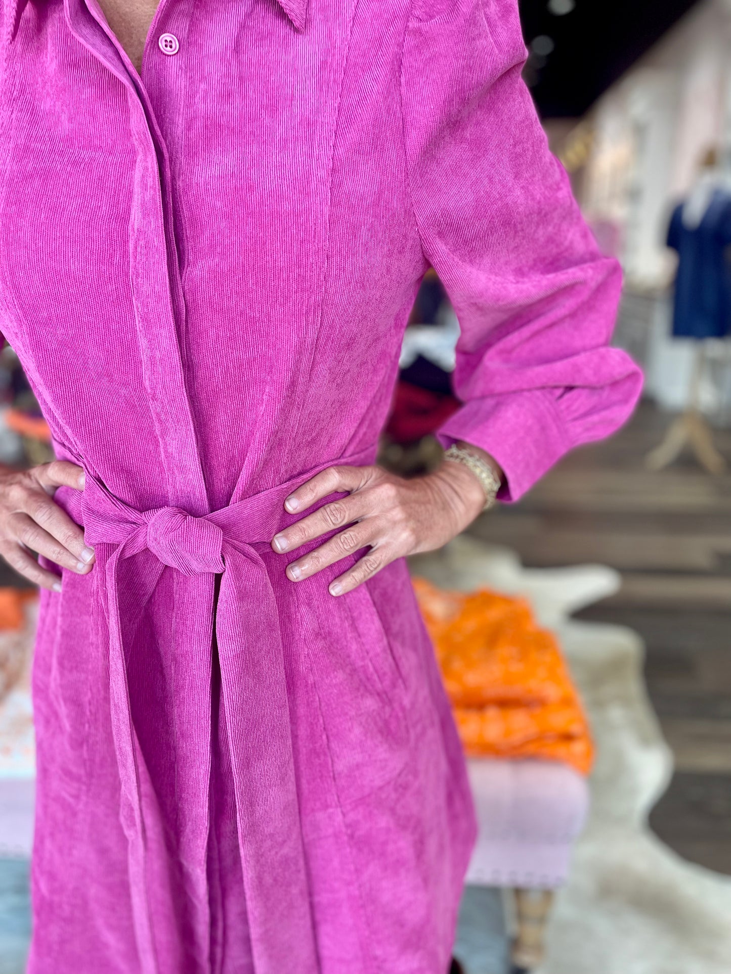 Jade Corduroy Button Up Dress Cerise