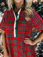 Plaid Short Sleeve Button Dress Red