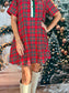 Plaid Short Sleeve Button Dress Red