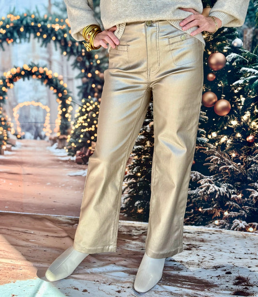 Charlie B Metallic Wax Flared Pants - Brass