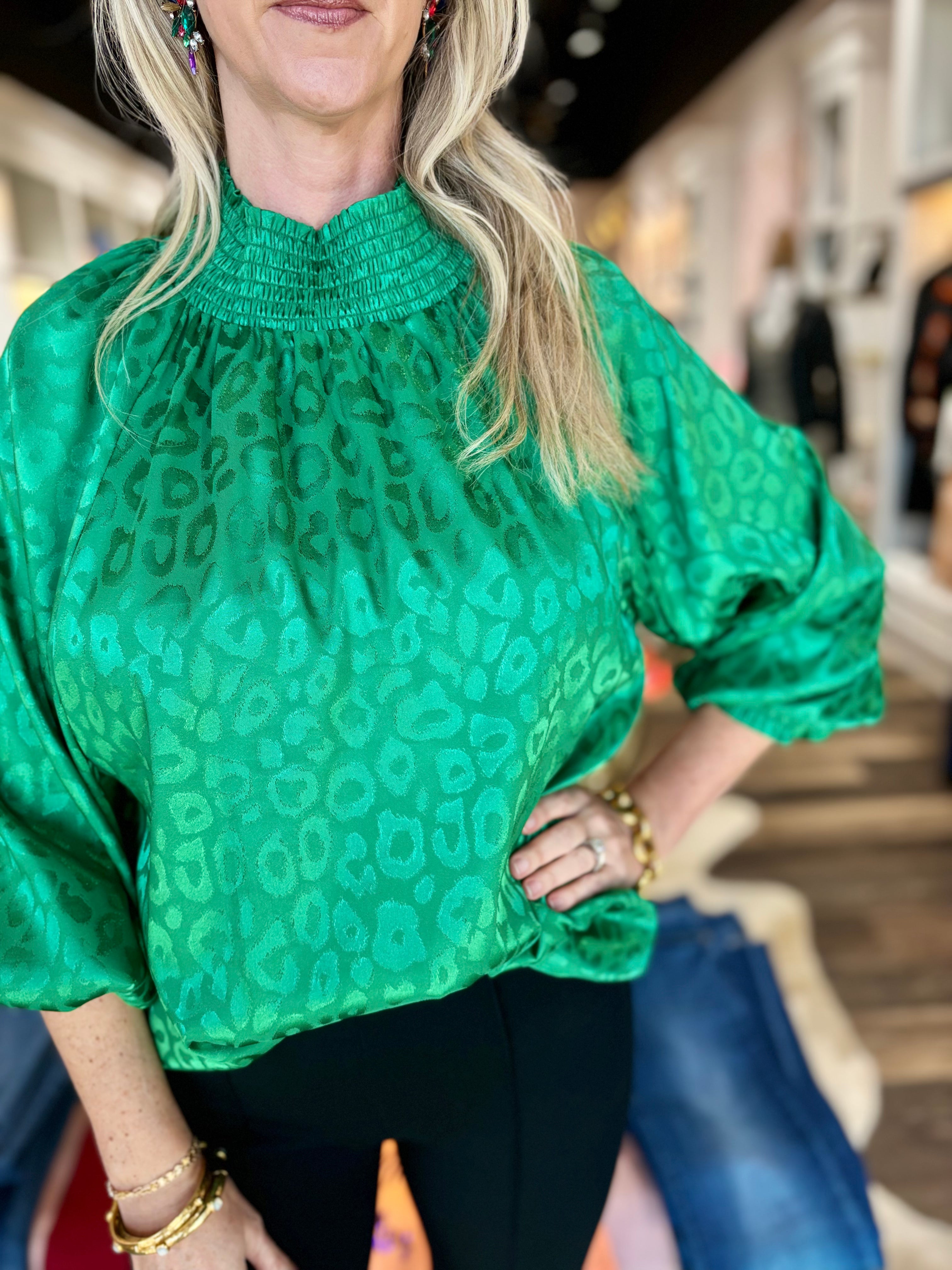 Joy Joy Green Cheetah Blouse