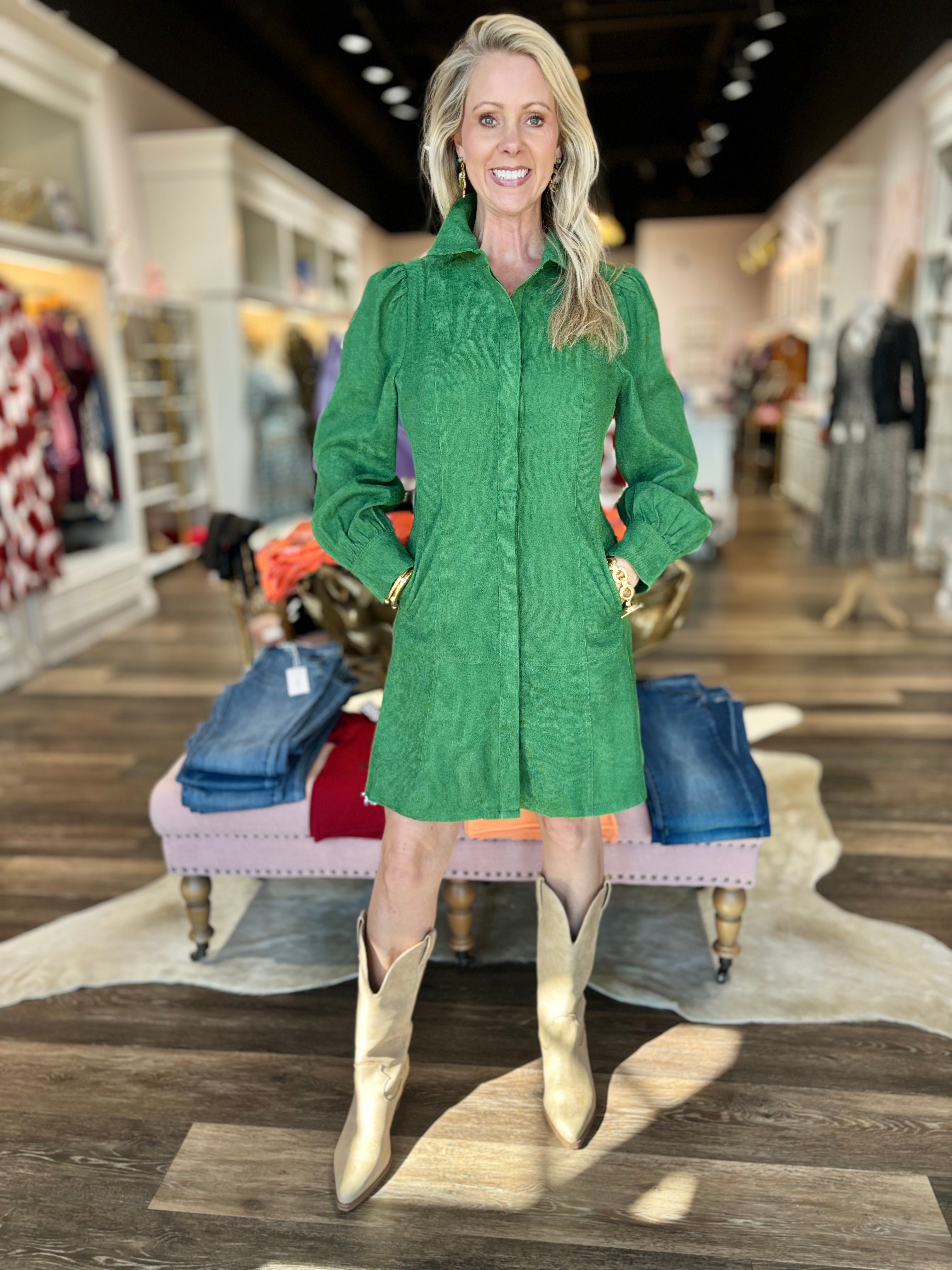 Jade Corduroy Button Up Dress Green