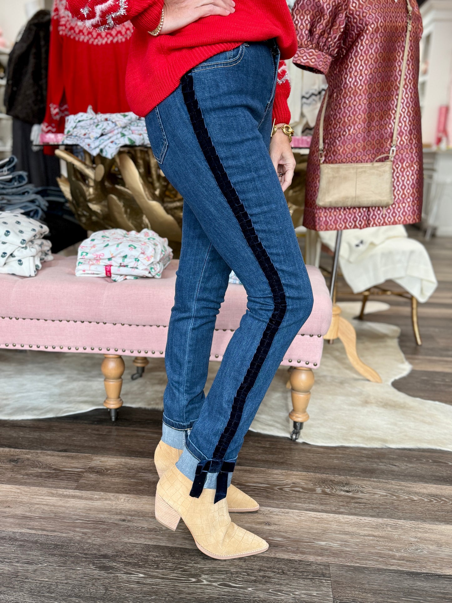 Charlie B Slim Leg Jeans With Velvet Bow - Indigo