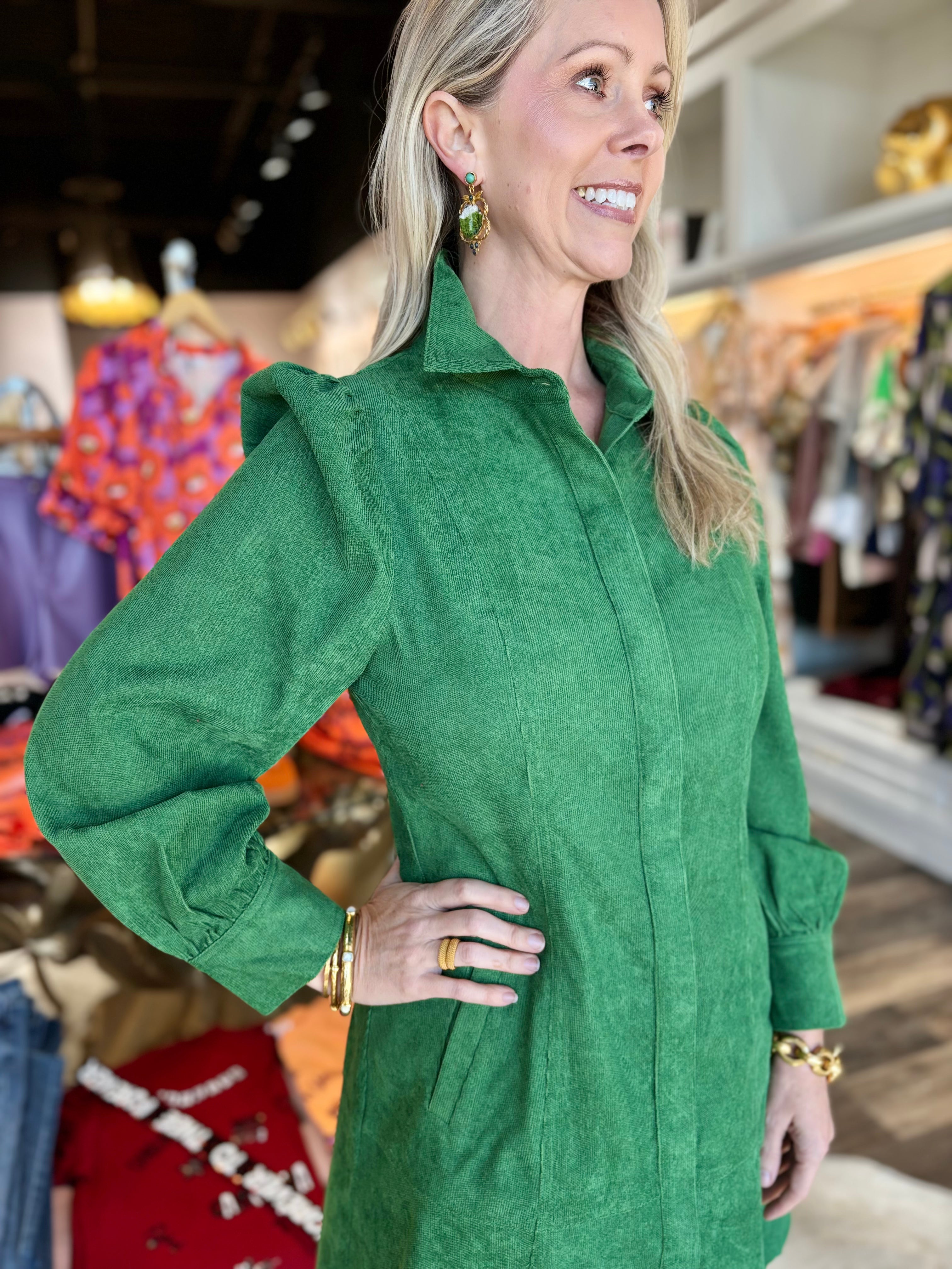 Jade Corduroy Button Up Dress Green