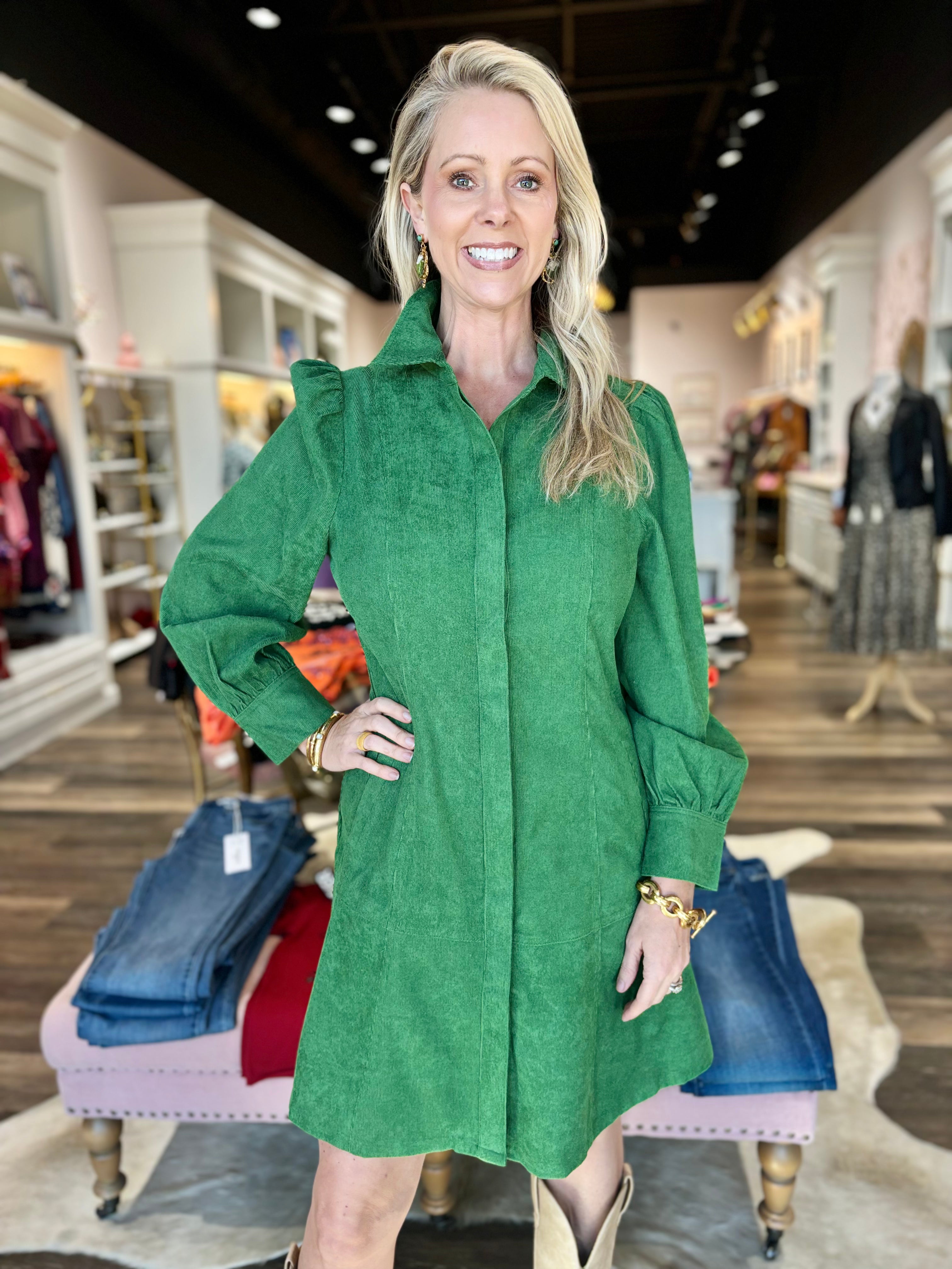 Jade Corduroy Button Up Dress Green