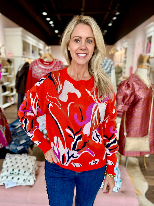 Long Sleeve Oversized Floral Sweater Top Orange