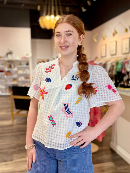 THML Short Sleeve Embroidery Detail Top White