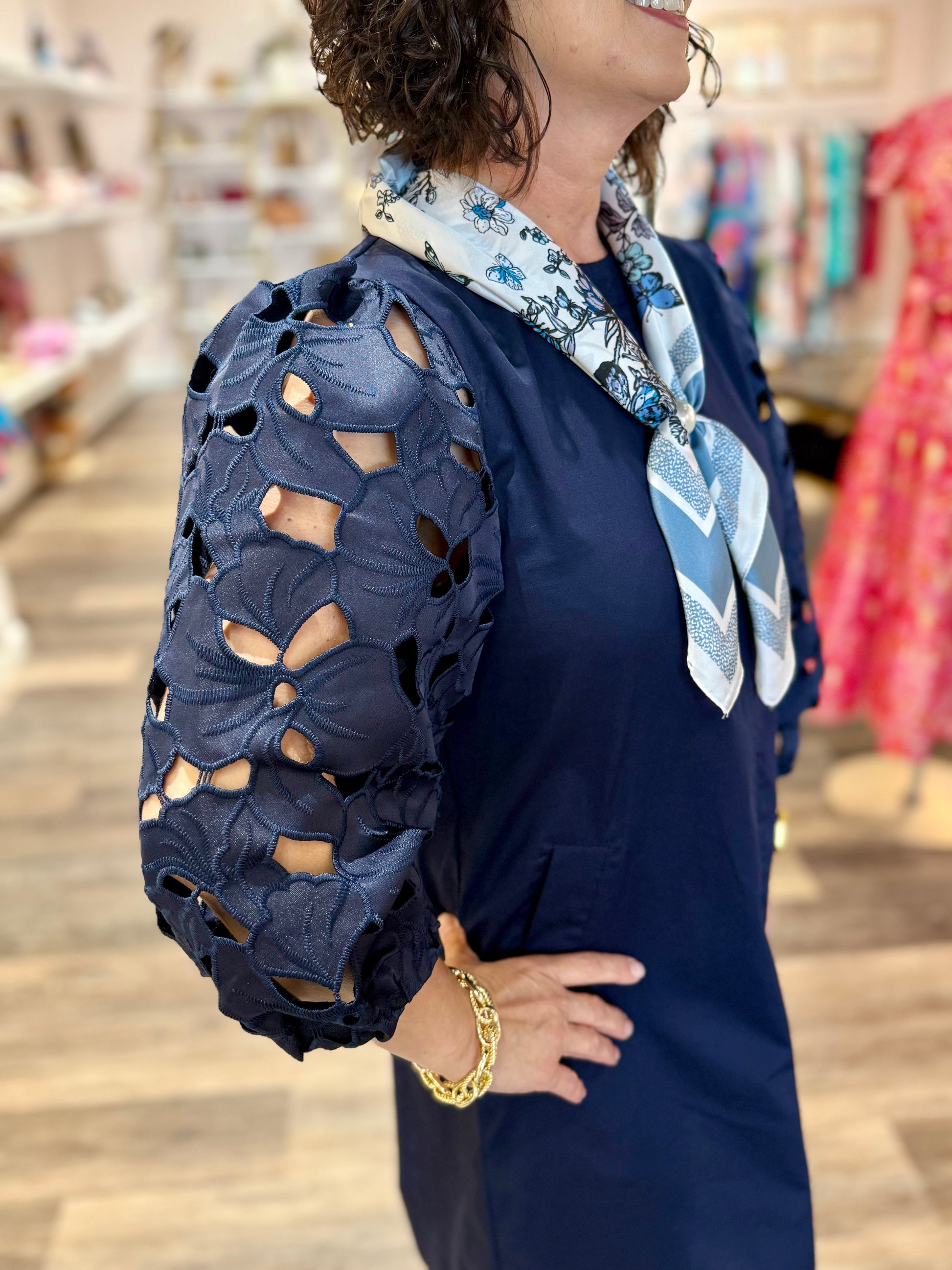 THML Eyelet Long Sleeve Dress Navy