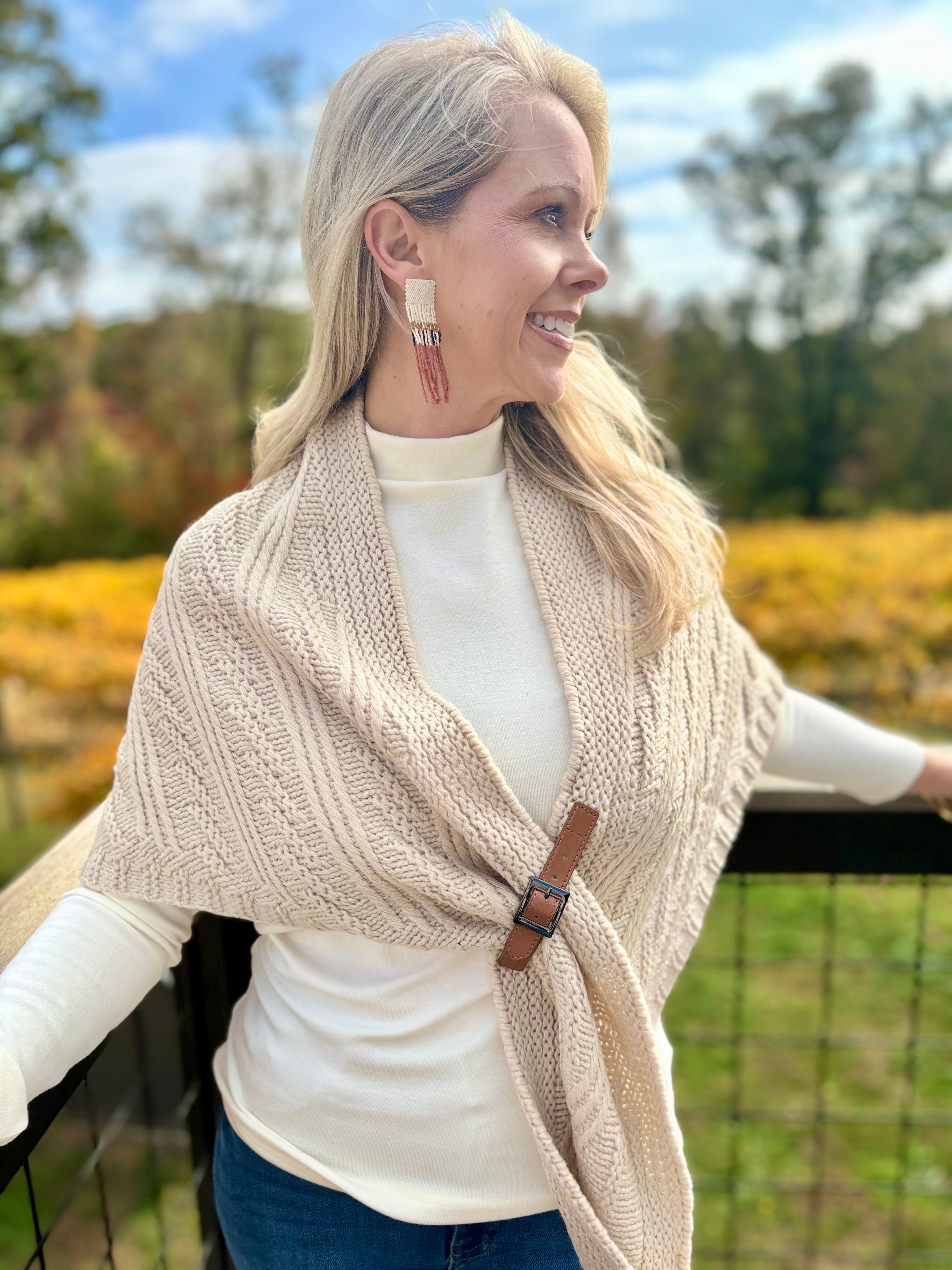 Beige Cable Knit Triangle wrap with Buckle