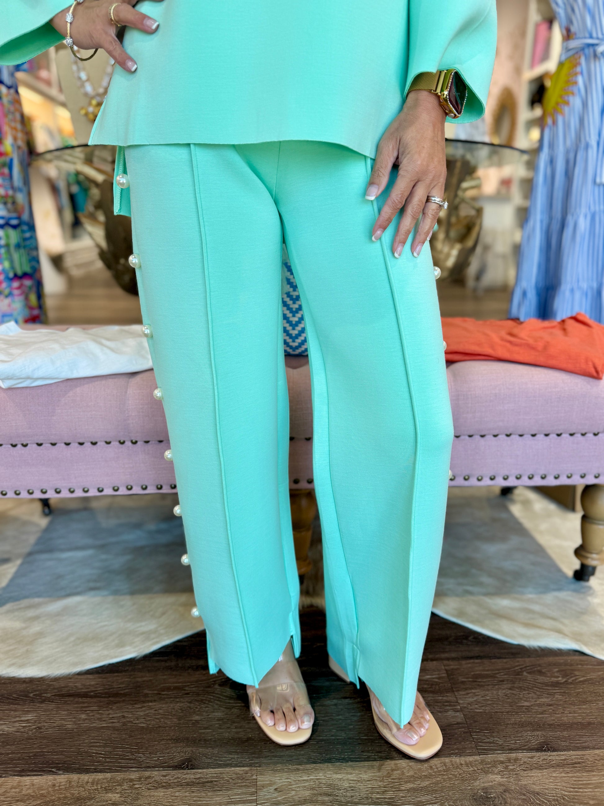 Joh Apparel Farrah French Scuba Pearl Pant in mint, featuring wide-leg silhouette with pearl embellishments along side seams.