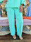 Joh Apparel Farrah French Scuba Pearl Pant in mint, featuring wide-leg silhouette with pearl embellishments along side seams.
