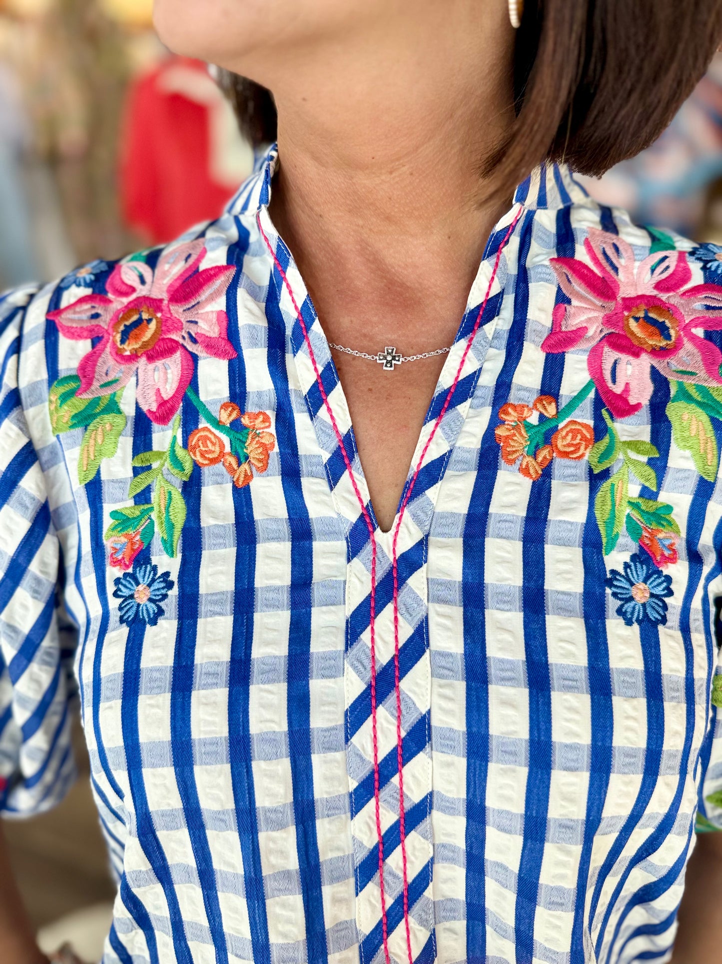 THML Puff Sleeve Embroidery Textured Top Blue Gingham