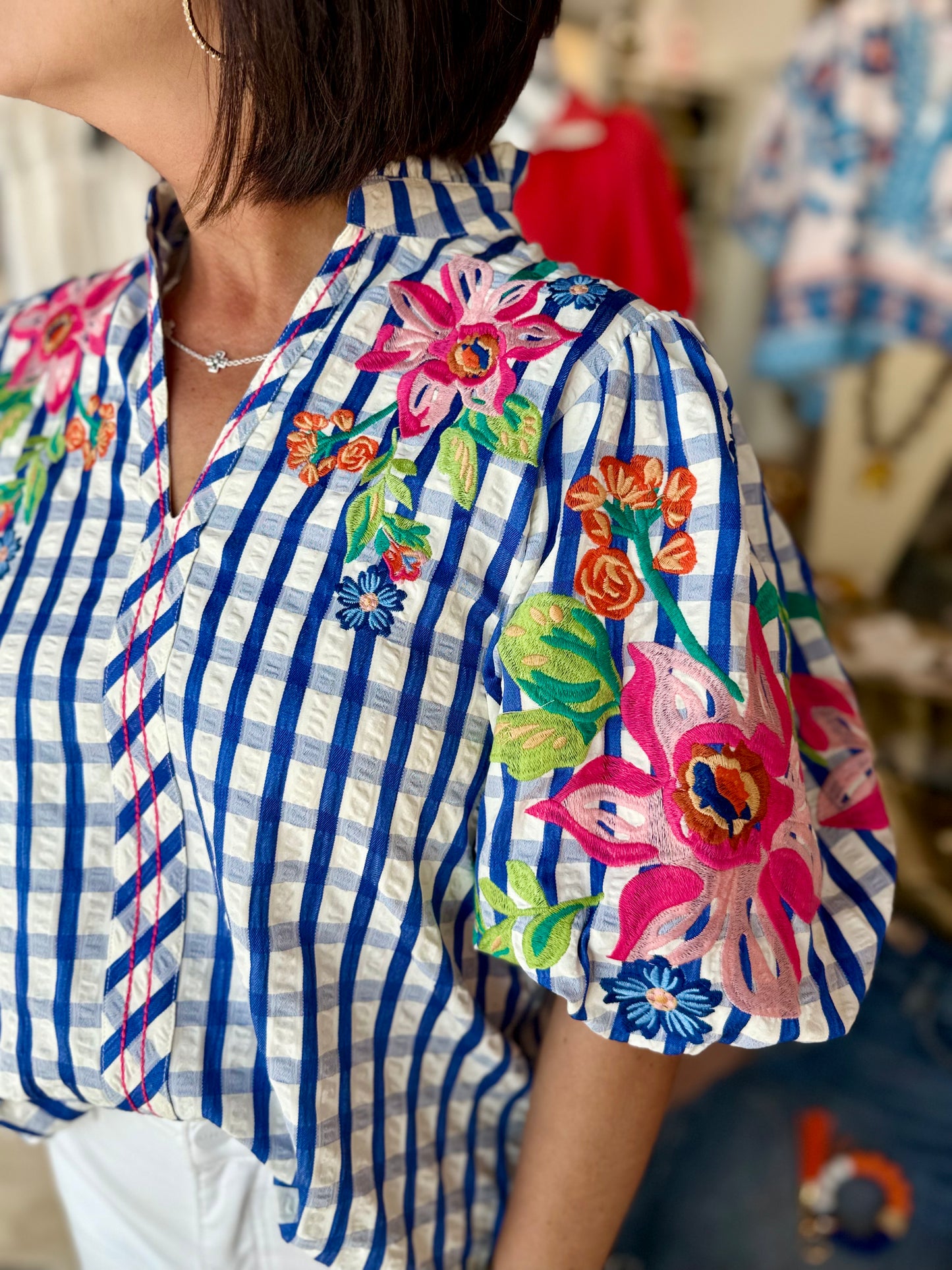 THML Puff Sleeve Embroidery Textured Top Blue Gingham