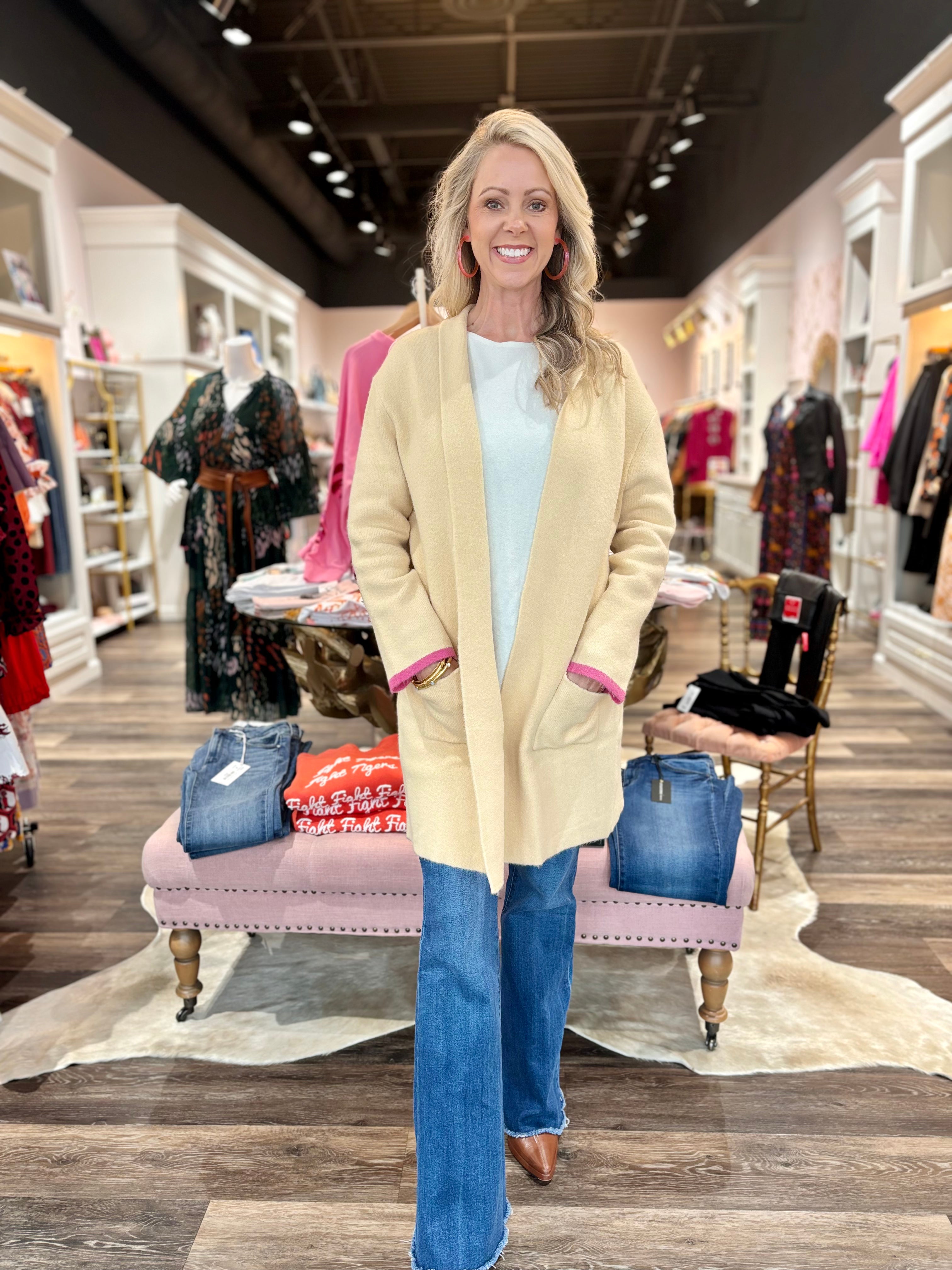 Cream Cardigan with Pink Stripe