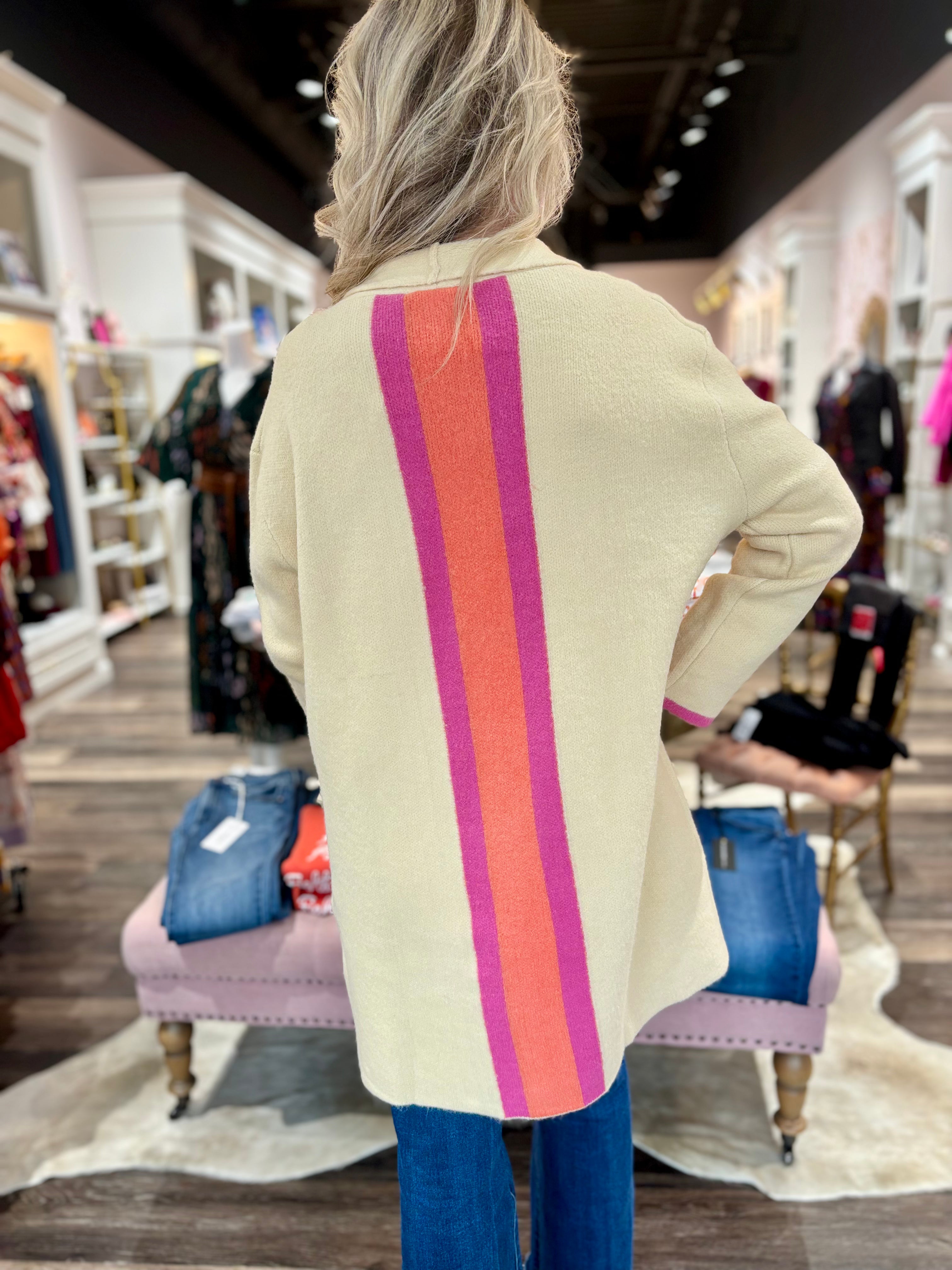 Cream Cardigan with Pink Stripe