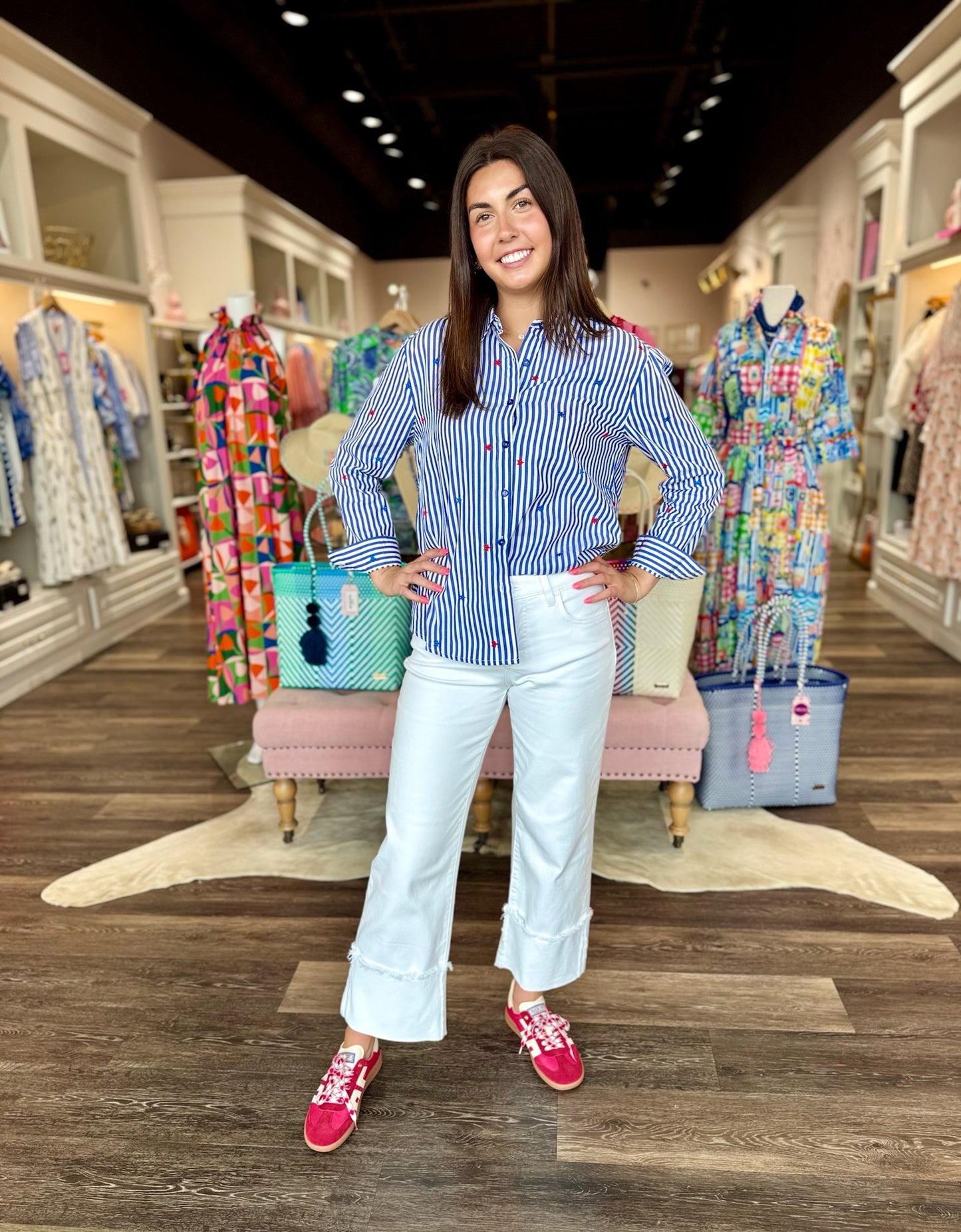 Star Embroidered Striped Button Down Top featuring blue and white vertical stripes with red star embroidery details and lo...