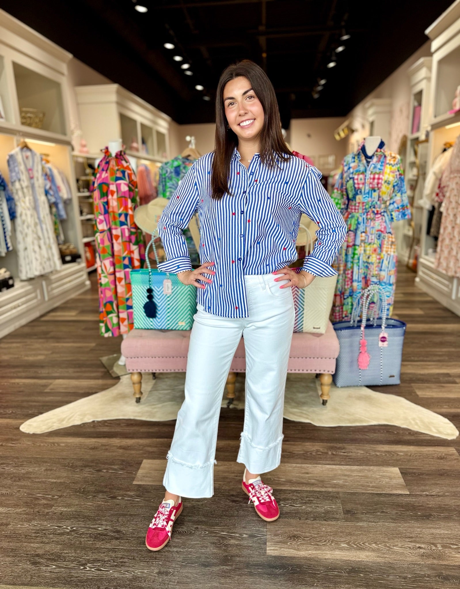 Star Embroidered Striped Button Down Top featuring blue and white vertical stripes with red star embroidery details and lo...
