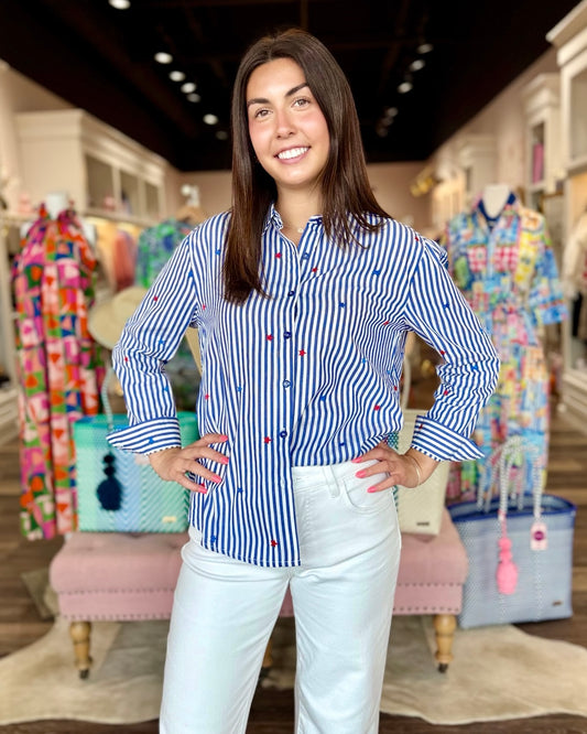 Star Embroidered Striped Button Down Top