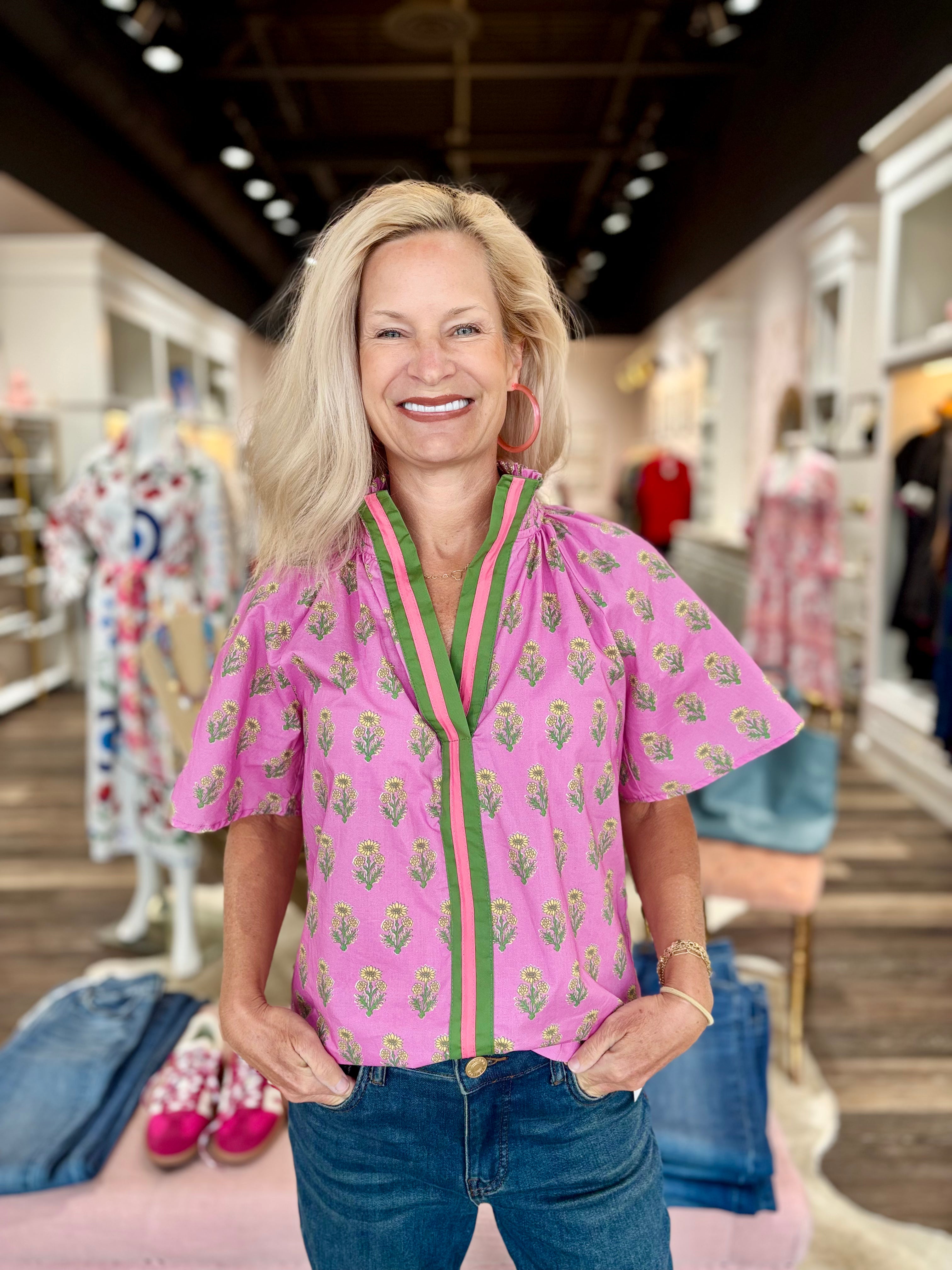 Floral Print Blouse Yellow with Olive Collar