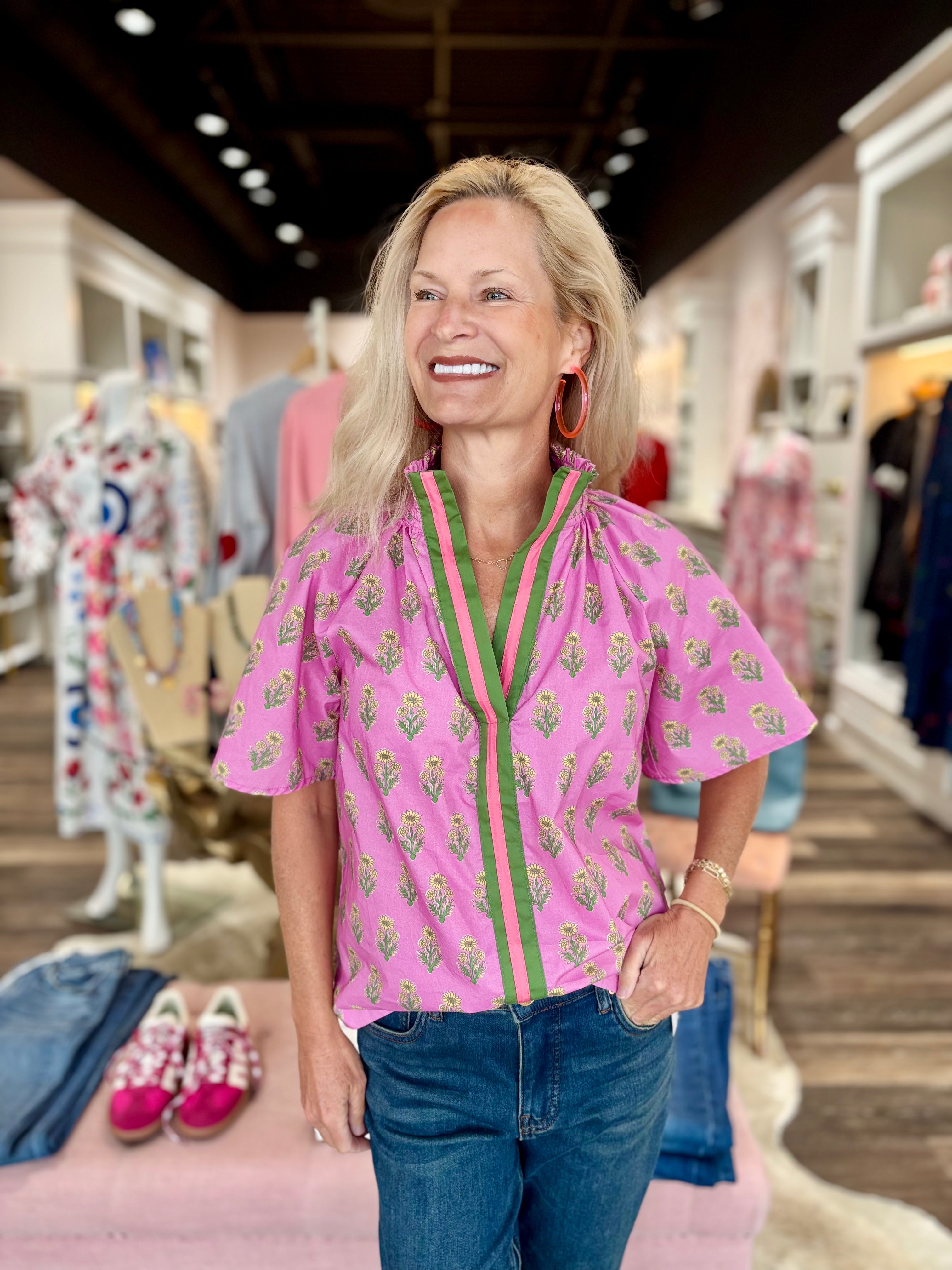 Floral Print Blouse Yellow with Olive Collar