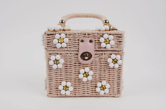 Wicker Bucket Daisy Flower Purse: Pink and White Daisy / Small