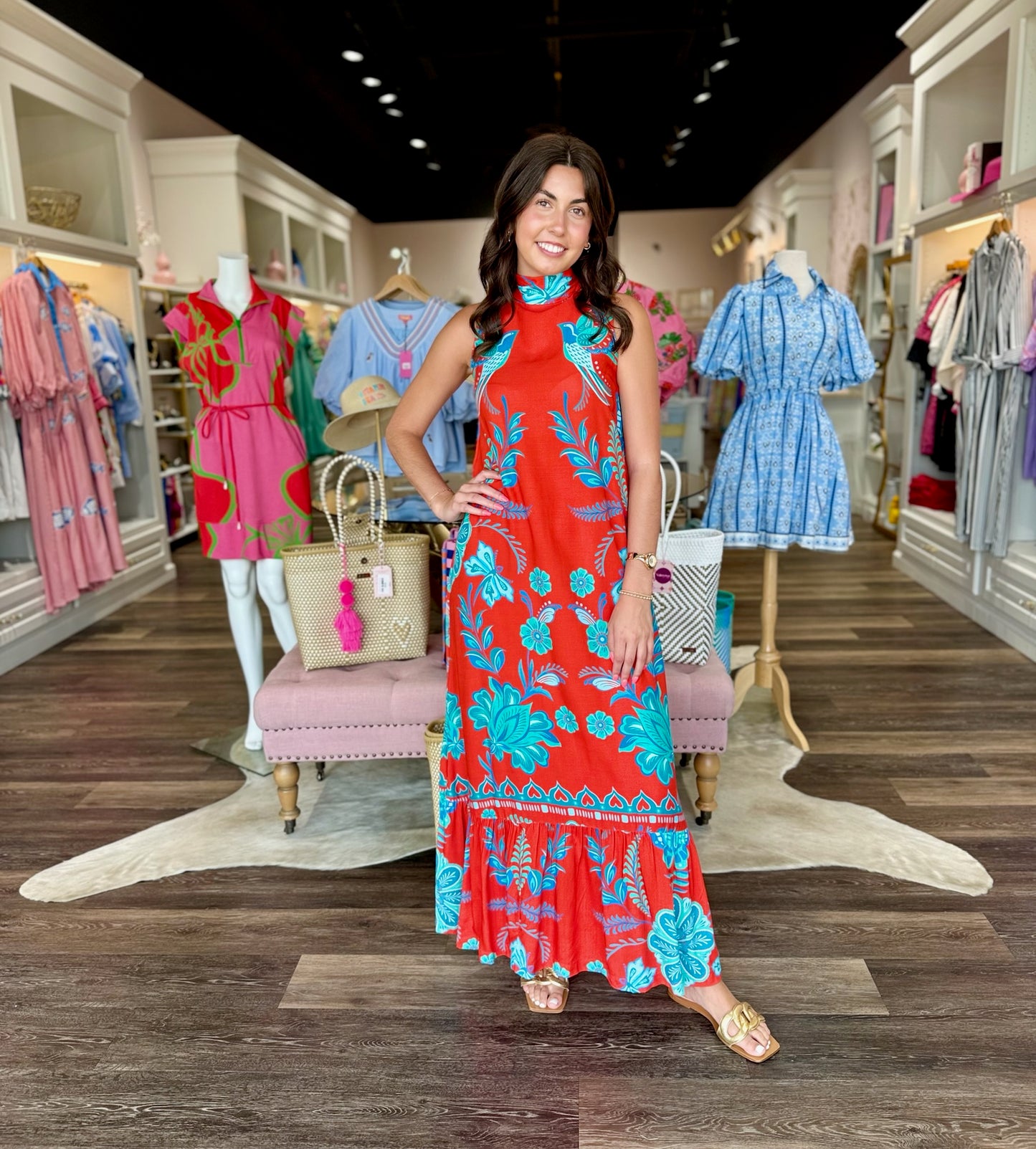 Briton Court Strawberry Waves Charlie Maxi Dress featuring red and turquoise floral bird print with ruffle hem and mock neck.