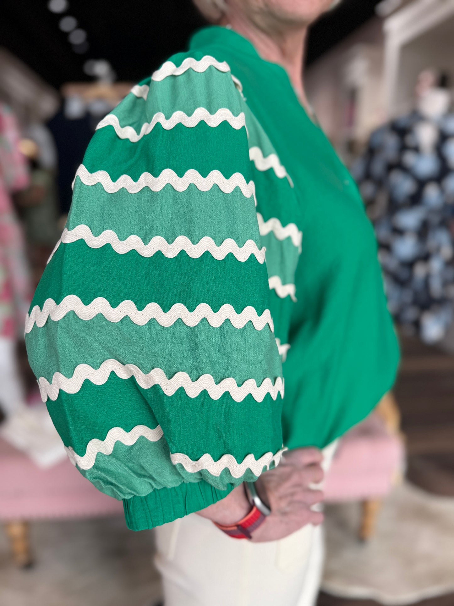 THML Embroidery Detail Puff Sleeve Button Down Top Green