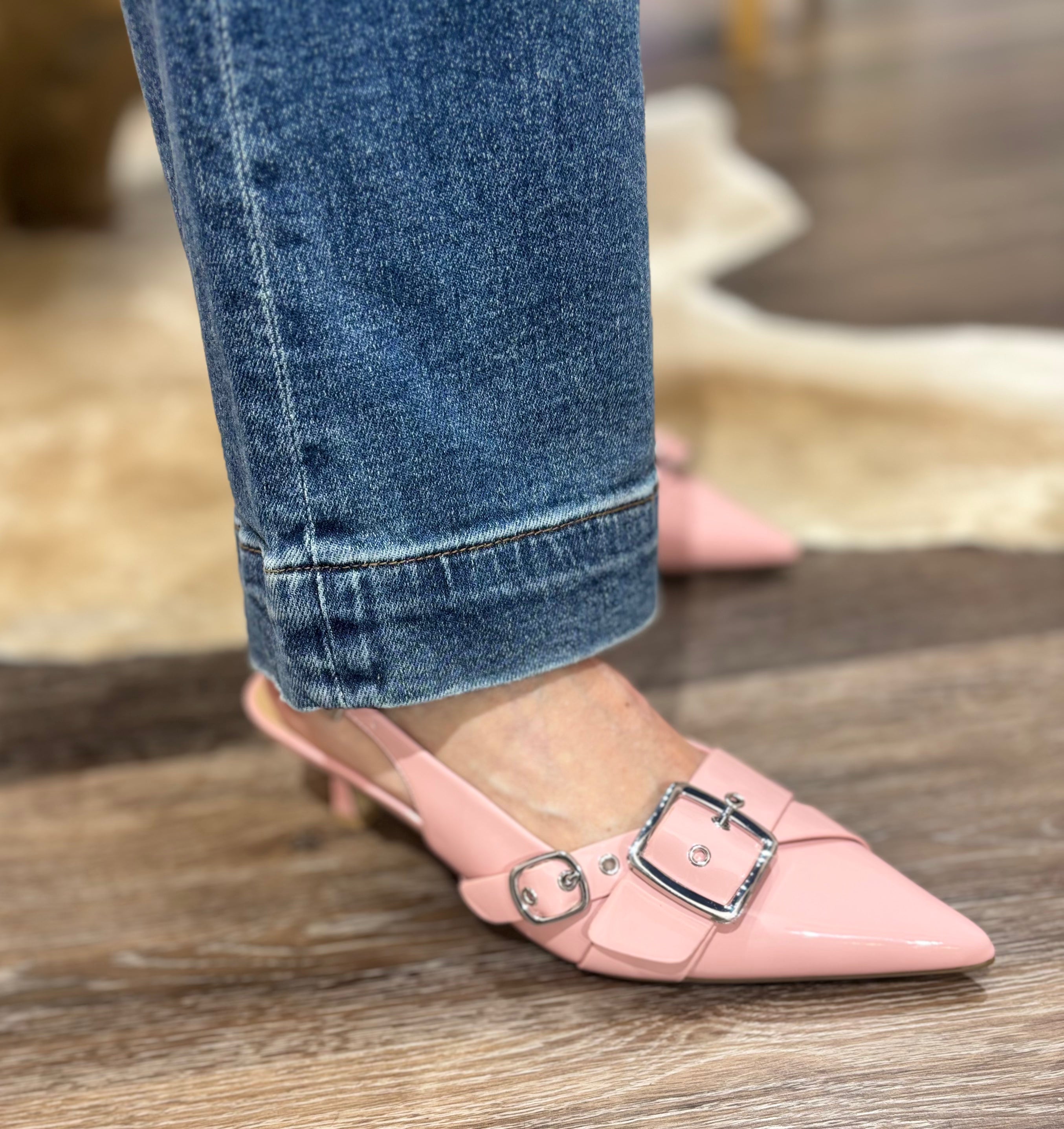 Pink Belt Strap Pointed Toe Kitten Heel Shoe