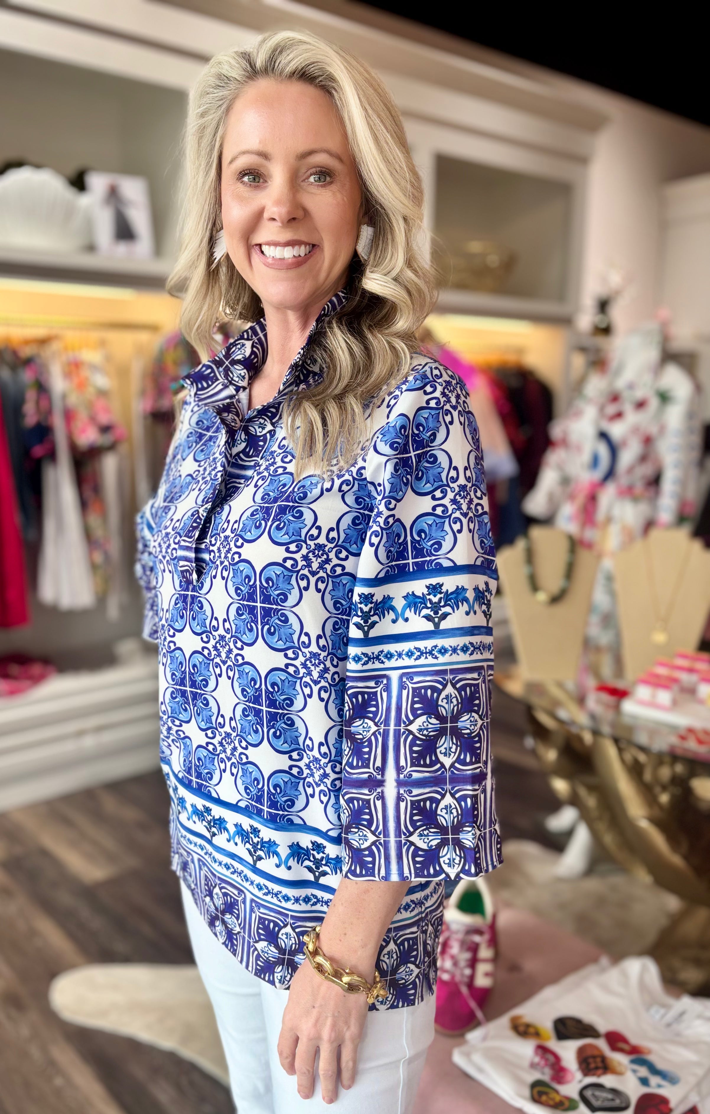 Jade Placket Tunic Blue Damask