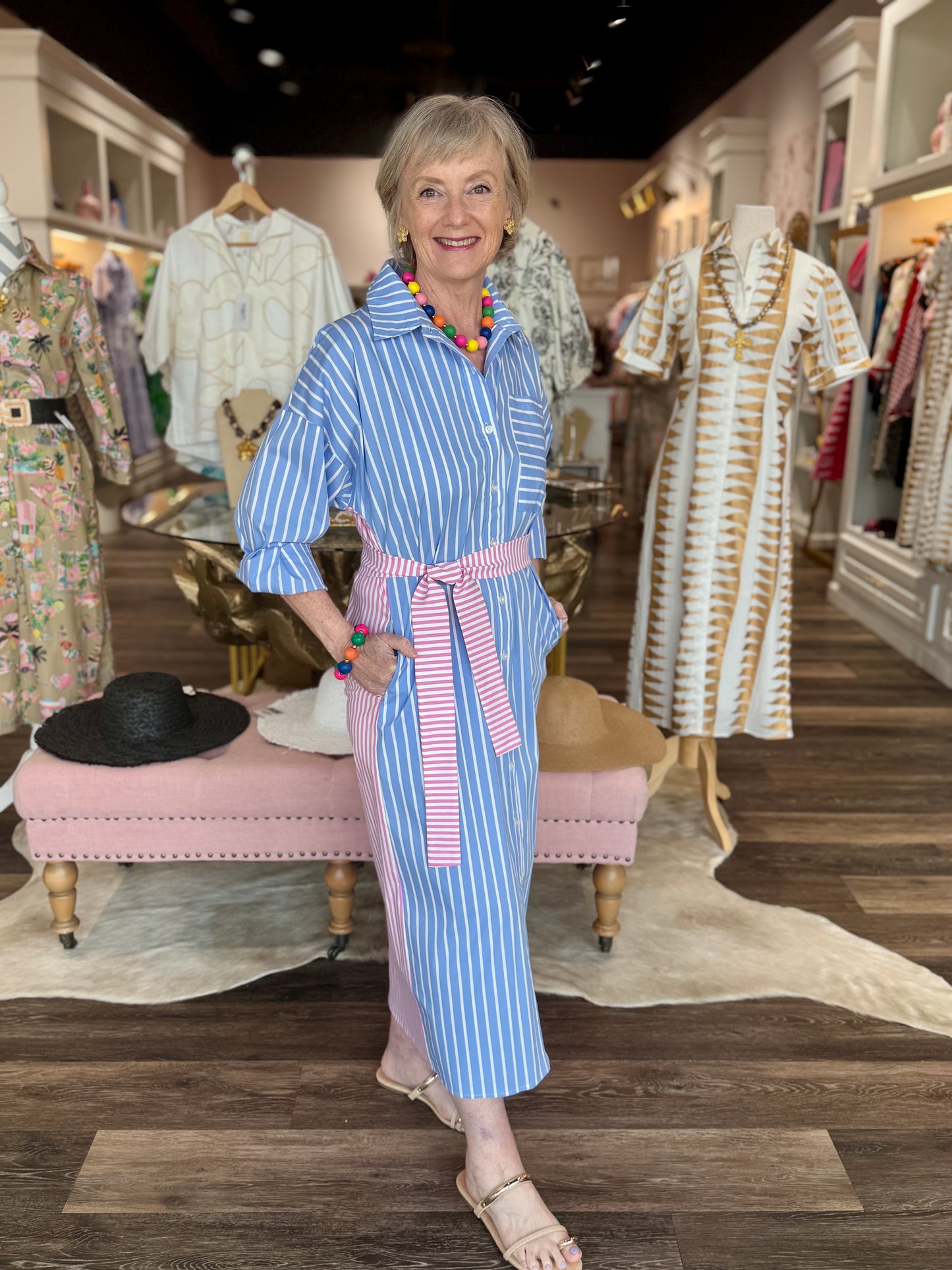 Caryn Lawn Libby Stripe Dress Wedgewood