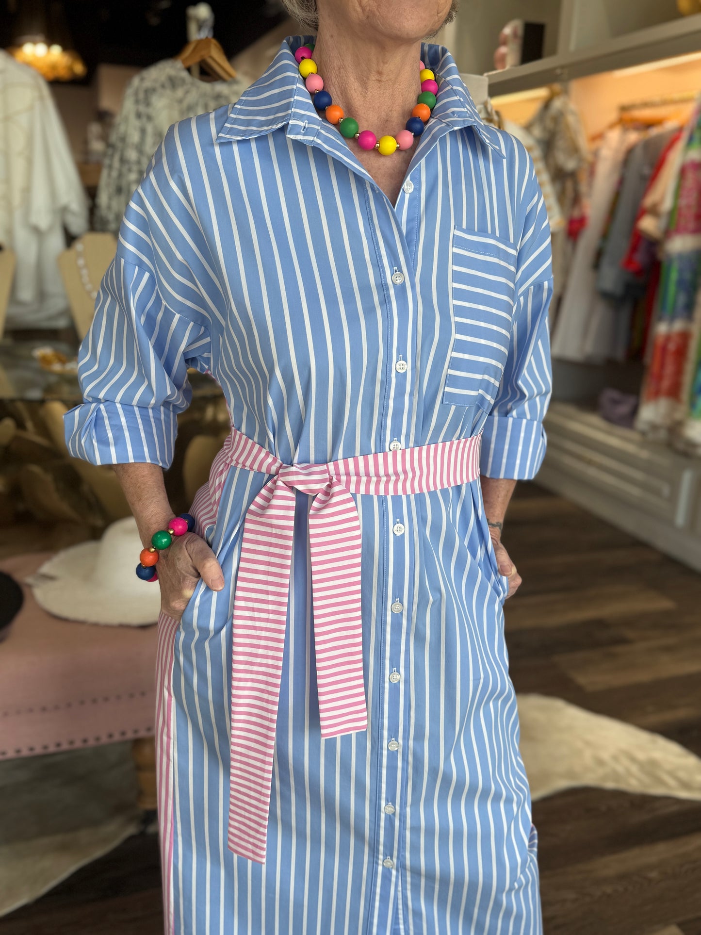 Caryn Lawn Libby Stripe Dress Wedgewood